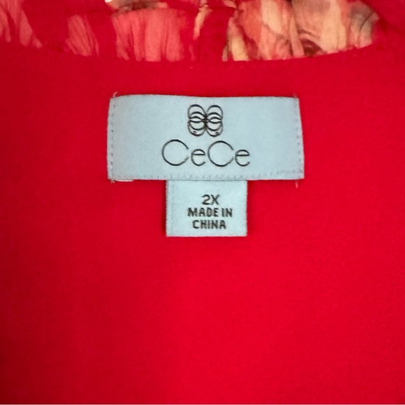 CeCe Chiffon Smocked Cap Sleeve V-Neck Red Floral Print Flutter Blouse Size 2X - Picture 11 of 12